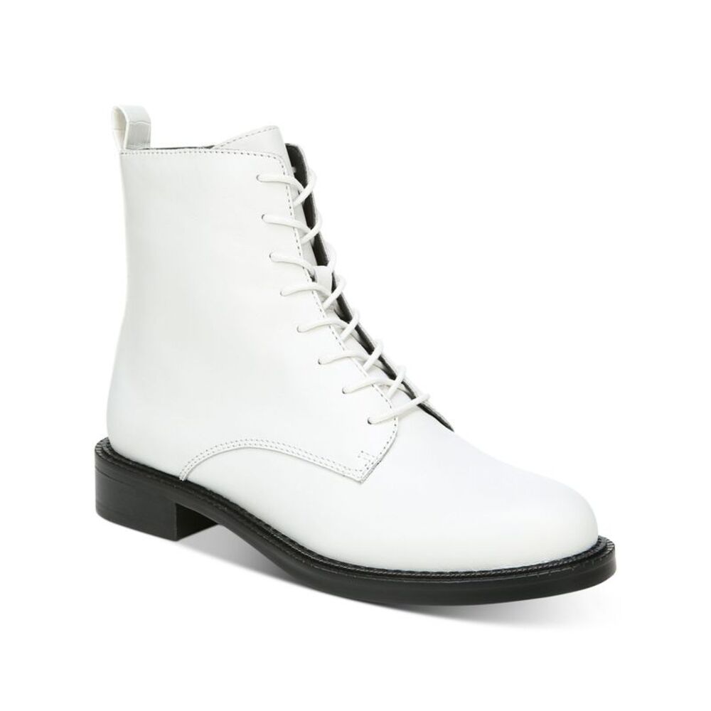 NWT SAM EDELMAN Womens White Lace Up Logo Nina Block Heel Leather Boots 8.5 M